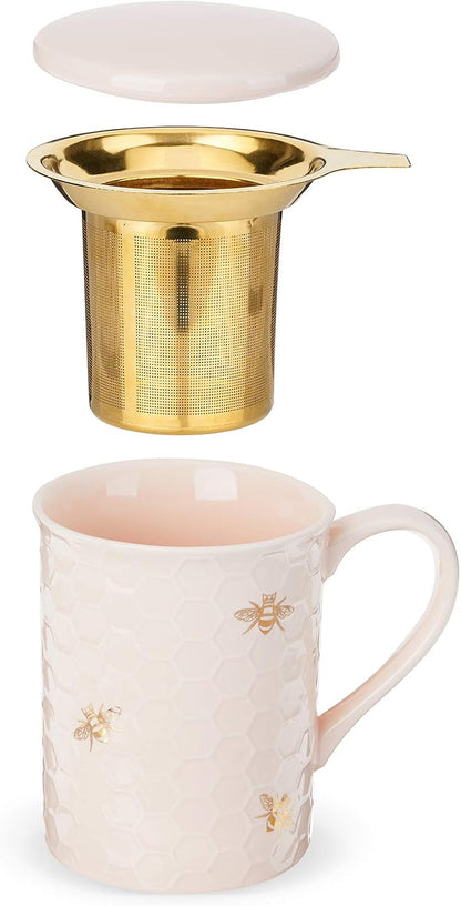 Pinky Up Annette Ceramic Tea Cup with Infuser and Lid, Travel Mug for Loose Leaf Teas, Home Office, Camping, Picnic Party, 12 oz, Set of 1, Honeycomb