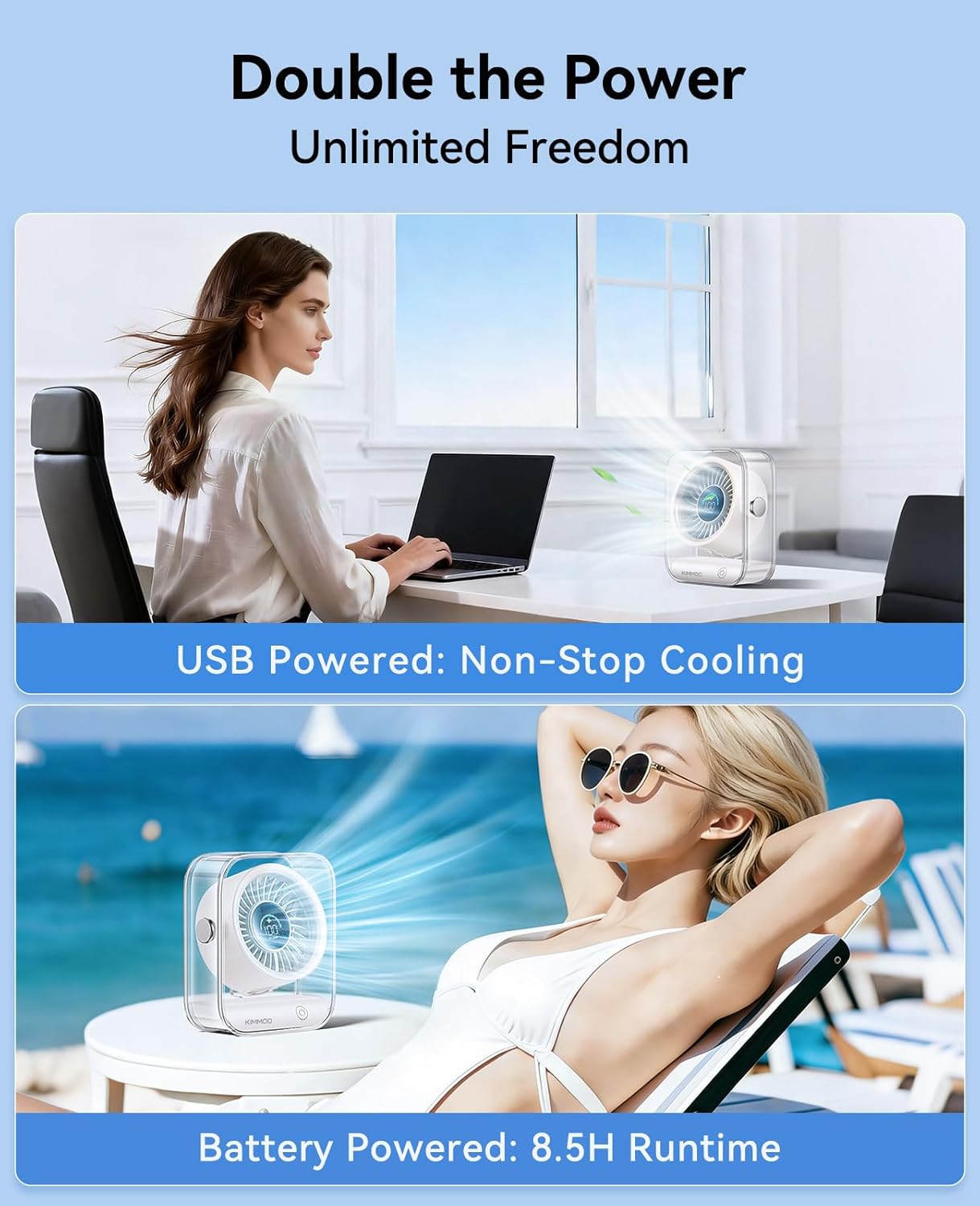 KIMMOO Rechargeable USB Desk Fan, Quiet Table Fan with Turbo Airflow, 100 Speeds, Digital Display, 90° Rotating, Small Battery Desktop Fans for Bedroom Home Office Travel, Black