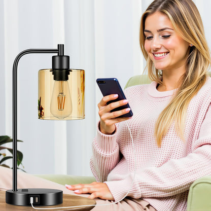 Set of 2 Industrial Touch Control Table Lamps with USB C+A Ports and AC Outlet - 3-Way Dimmable Black Bedside Lamps Nightstand Desk Lamps for Bedroom Living Room, Glass Shade & 2 LED Bulbs Included