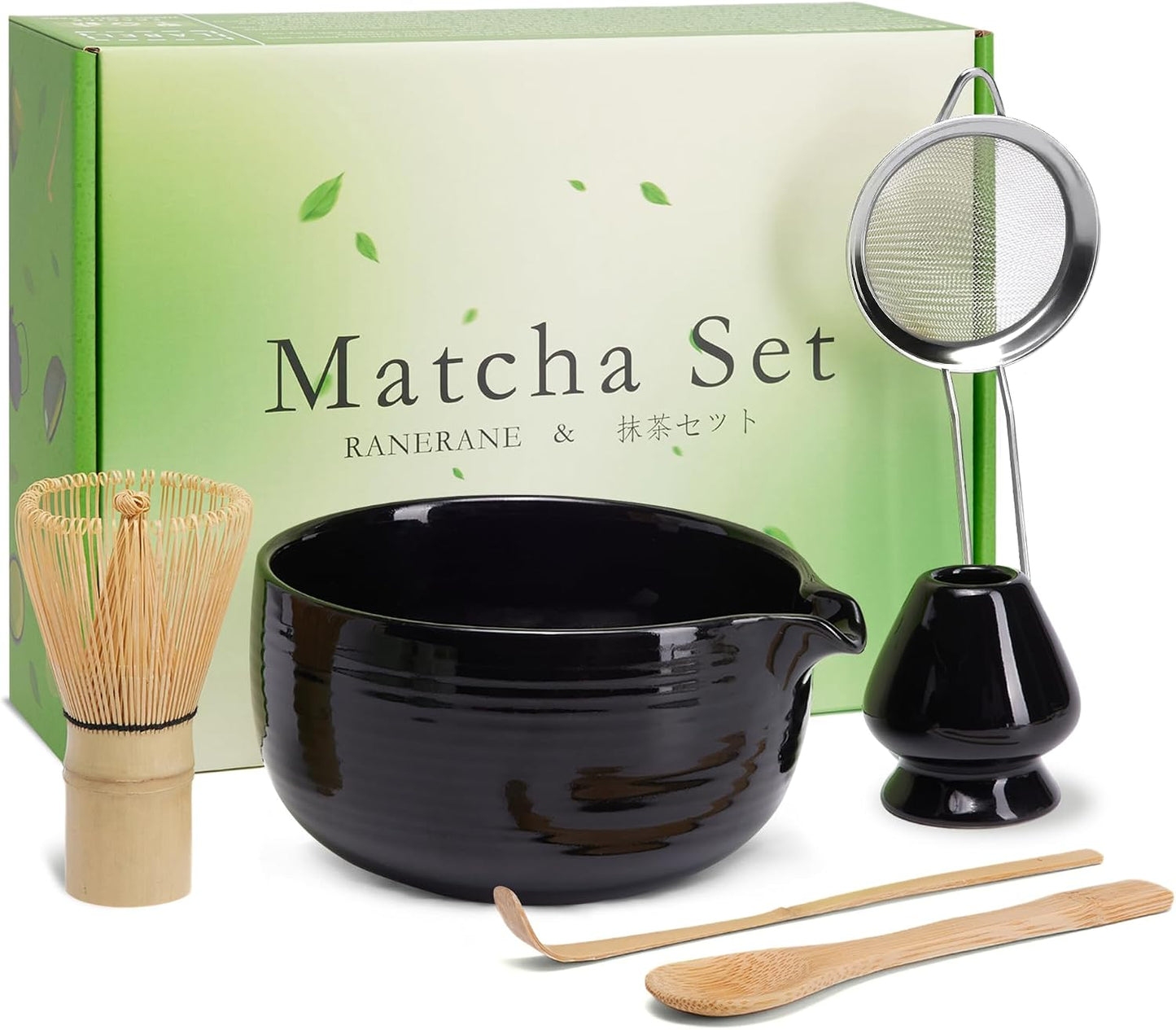 Matcha Whisk Set, Ceramic Matcha Set Includes Matcha Bowl, Matcha Whisk (Chasen) and Holder, Sifter, Bamboo Scoop & Spoon - 6 Pcs Matcha Kit for Matcha Lovers White