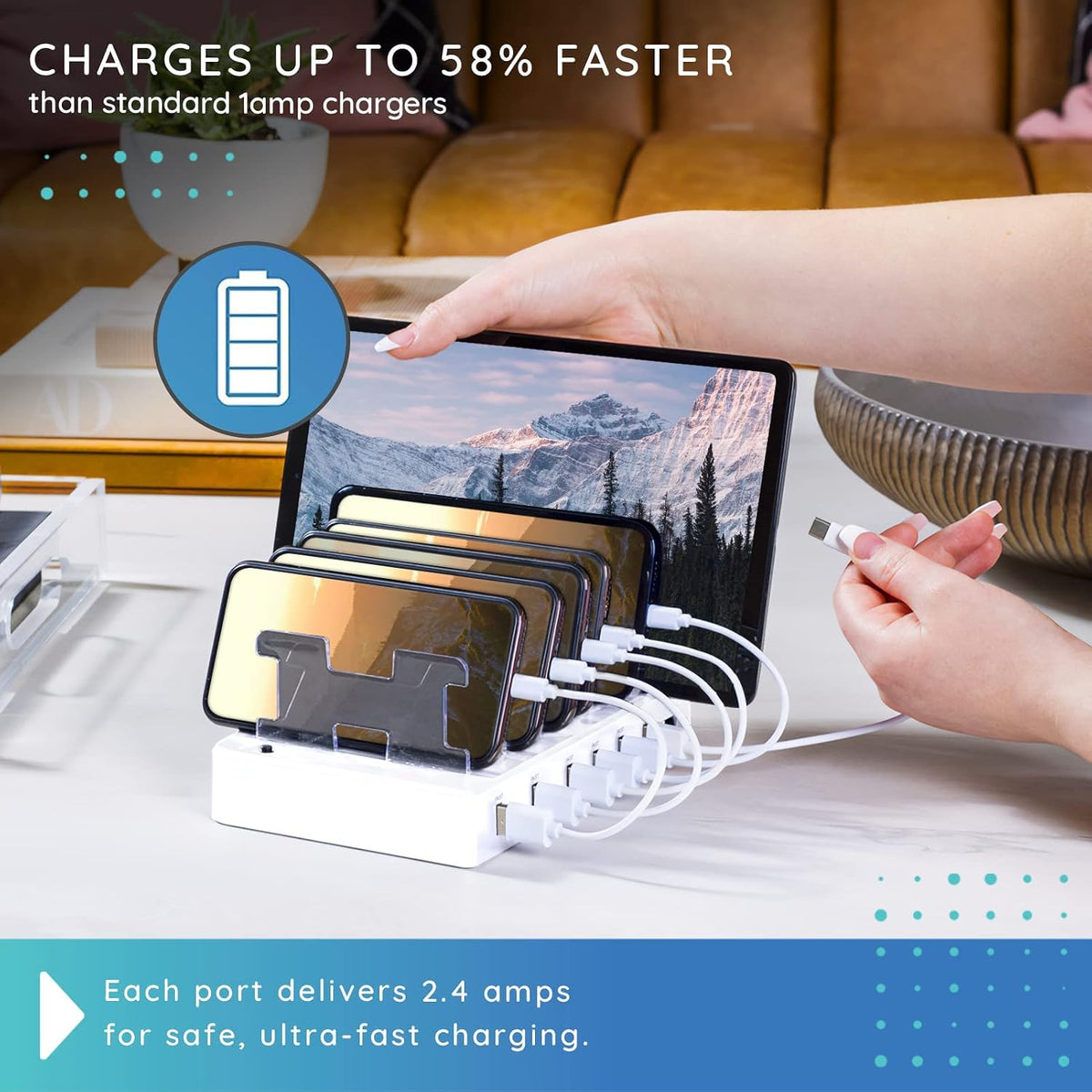 Fast Charging Station for Multiple Devices, 6-Port USB Charging Dock White