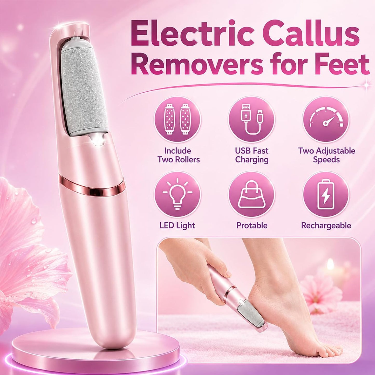Electric Callus Removers for Feet, Upgraded Electric Foot Callus Remover, Rechargeable Portable Electronic Foot File Pedicure Tools, Feet Care for Dry&Dead Skin for Feet & Hands (Pink)