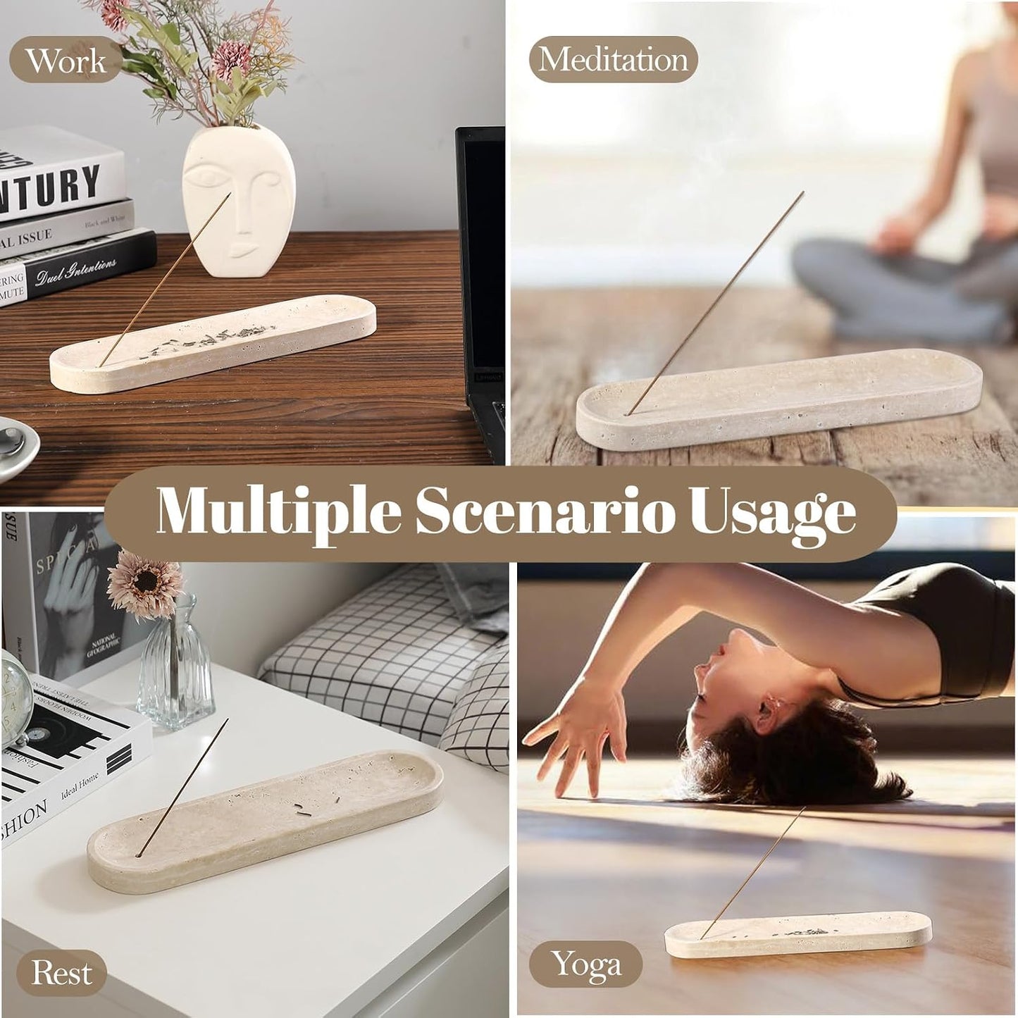 Koville Natural Marble Incense Holder, Incense Holder for Sticks with 9 Holes, Handmade Incense Burner Ash Catcher for Meditation Yoga SPA, Balsam Fir/Palo Santo/Sage/Cone (White)