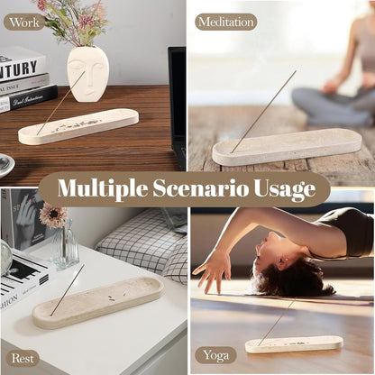 Koville Natural Marble Incense Holder, Incense Holder for Sticks with 9 Holes, Handmade Incense Burner Ash Catcher for Meditation Yoga SPA, Balsam Fir/Palo Santo/Sage/Cone (White)