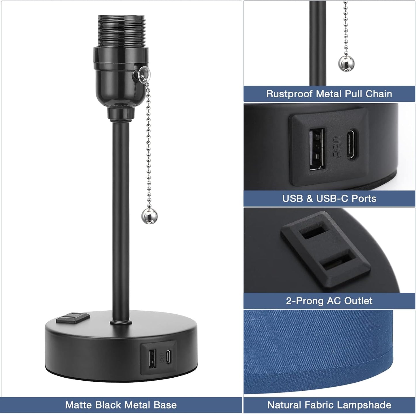 Small Bedside Table lamp for Bedroom - 3 Color Temperatures Bedside Lamps with USB C and A Ports, Pull Chain Table Lamps with AC Outlet, White Nightstand Lamps with Black Metal Base for Kids Reading