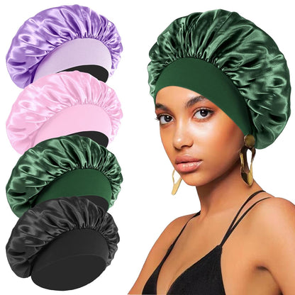 4PCS Silk Satin Bonnets for Black Women & Men - Elastic Wide Band Hair Wrap Cap for Curly Hair - Shower Cap for Sleeping (Black, Peacock Blue, Pink, Khaki)