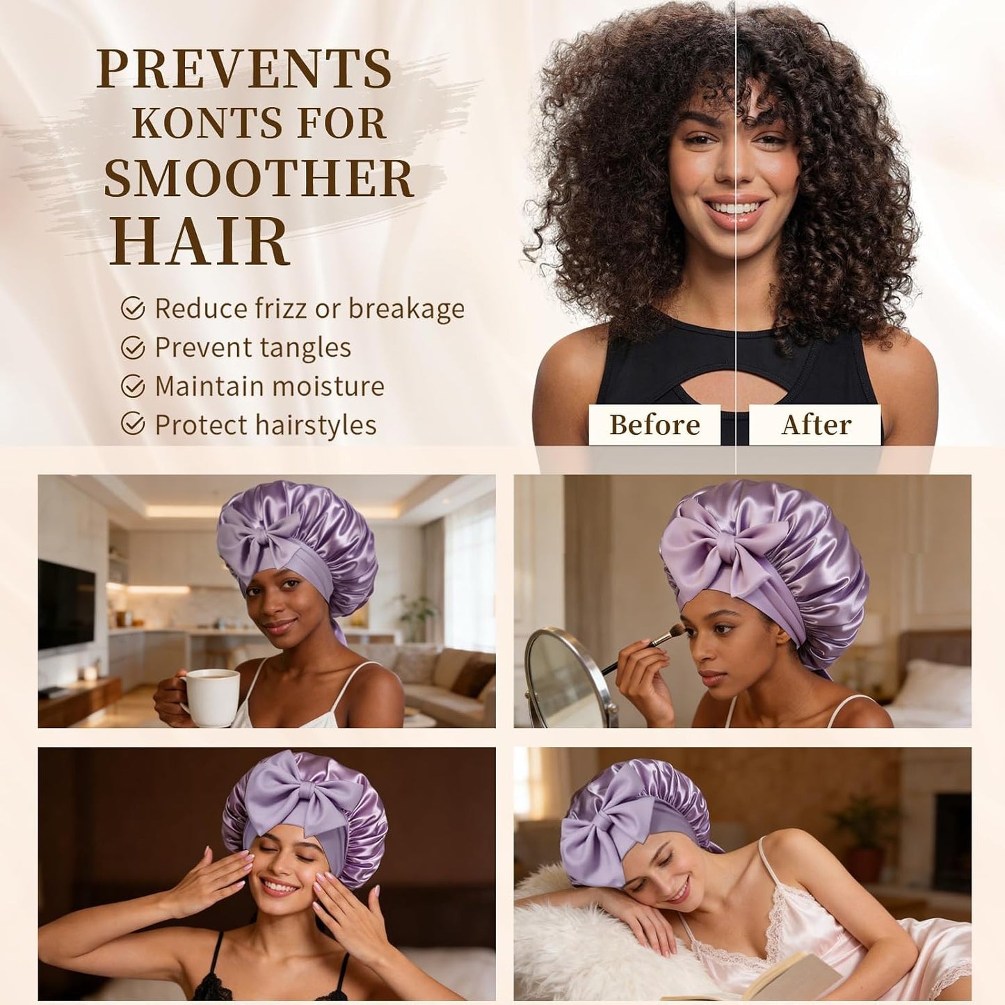 Silk Bonnet Satin Bonnet for Sleeping Large Bonnets with Tie Band Hair Wrap with Adjustable Straps Hair Cap for Women Curly Black