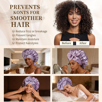 Silk Bonnet Satin Bonnet for Sleeping Large Bonnets with Tie Band Hair Wrap with Adjustable Straps Hair Cap for Women Curly Black
