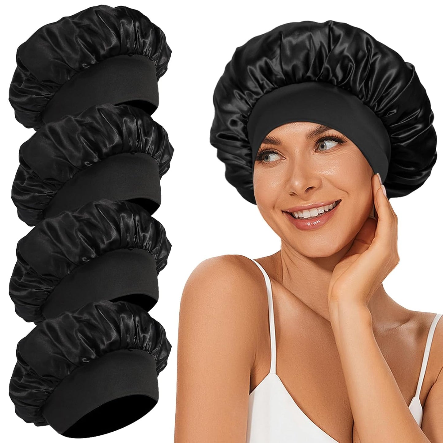 4Pcs Satin Bonnet Silk Bonnet, Hair Bonnet for Sleeping | Elastic Wide Band Silk Sleep Cap, Soft and Breathable, Black Red Purple Gold