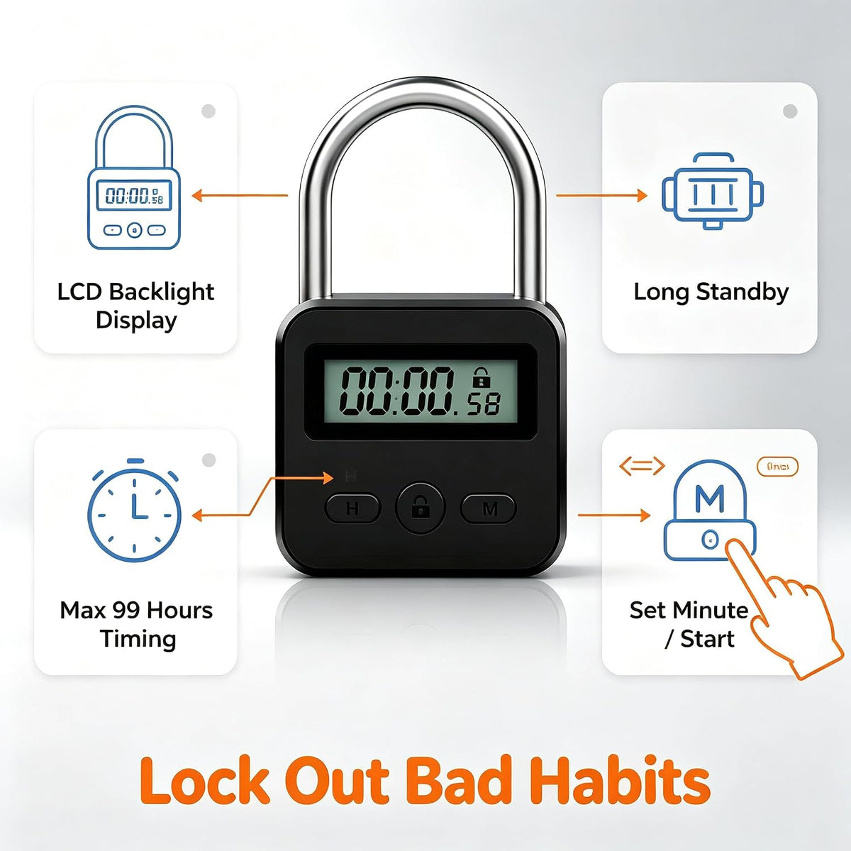 Metal Timer Lock - Electronic Time Padlock with LCD Display - USB Rechargeable (Black)