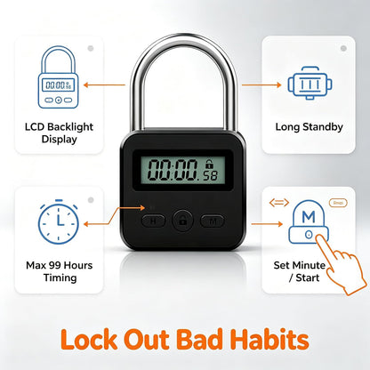 Metal Timer Lock - Electronic Time Padlock with LCD Display - USB Rechargeable (Black)