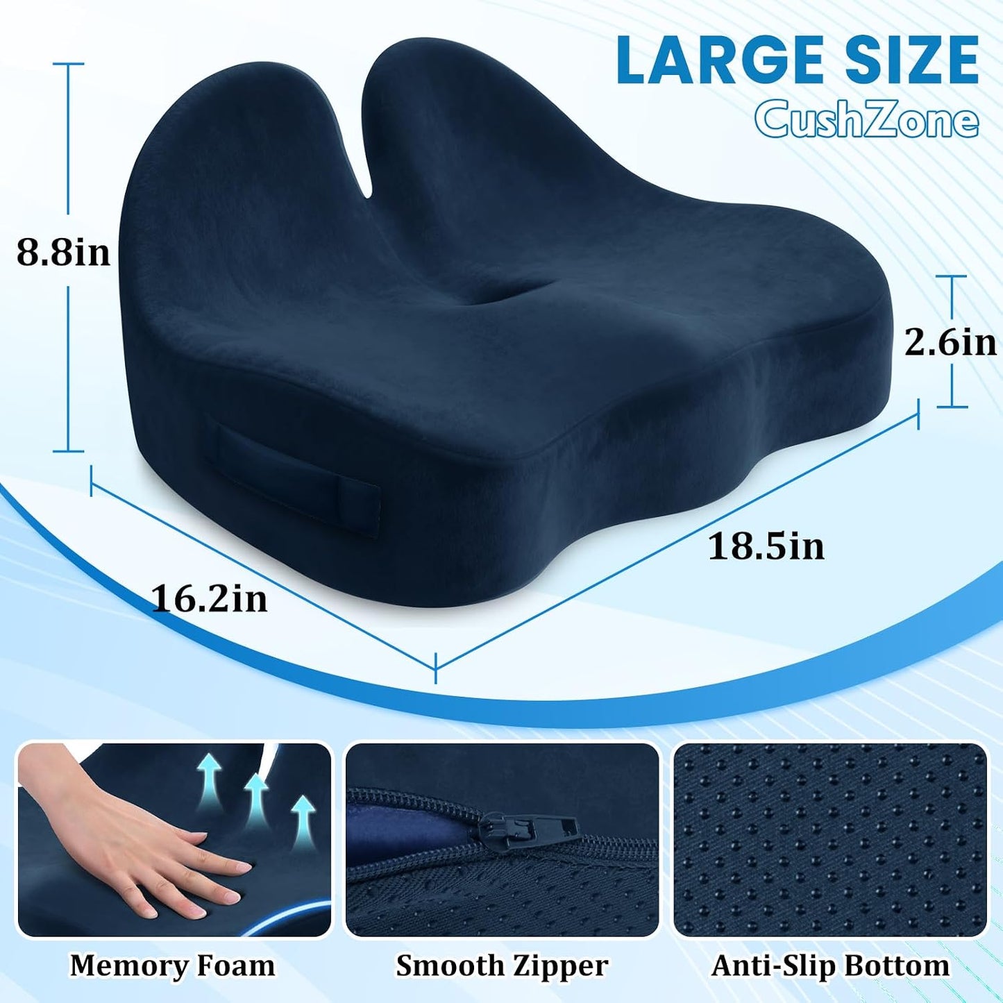 CushZone Seat Cushion, Ergonomic Memory Foam Seat Cushions for Office Chairs, Car, Long Trip, Desk Chair, Lab, Extra Large Size for Sciatica & Hip & Tailbone Pain Relief, Sciatica Support (Black)