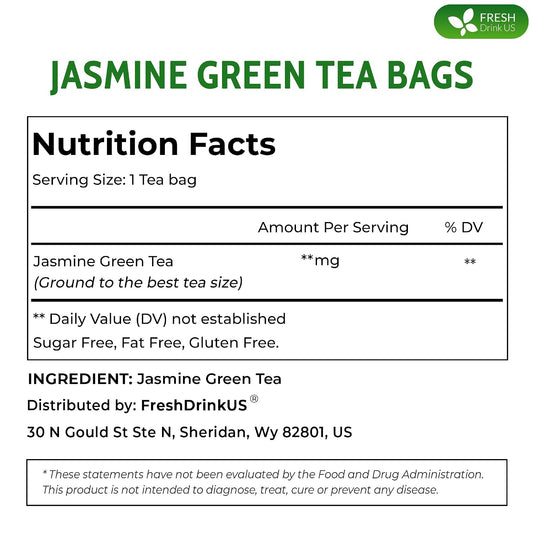 FreshDrinkUS, Premium 135 Jasmine Green Tea Bags, 100% Natural & Pure from Jasmine Green Herbal Tea. Made with Natural Material Tea Bags. No Sugar, No Caffeine, No Gluten, Vegan.