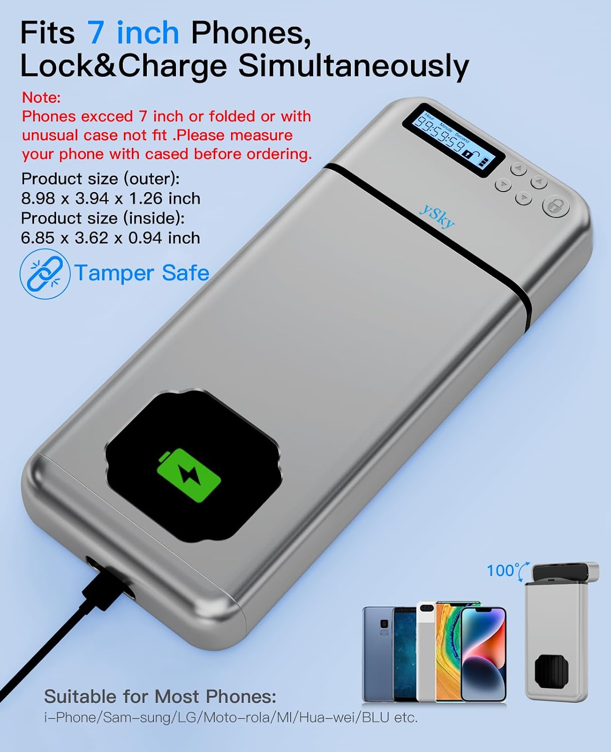 ySky Metal Phone Lock Box with Timer,Portable Timed Phone Lock Box for iPhone and Android Phones, Self-Control Timer Phone Locker to Help Kids,Students to Reduce Screen time,Phone Jail Box
