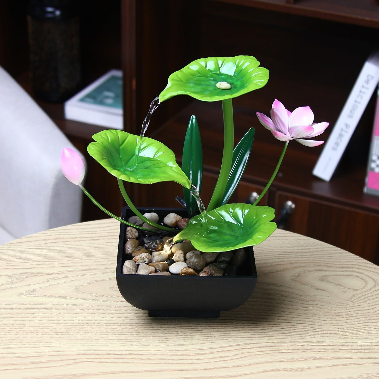 Water Fountain Indoor Waterfall Fountain 3-Tier Tabletop Fountain Lotus Desk Relaxation Home Decor Including Lots of Rocks and Soothing Sound Machine (Green 1)
