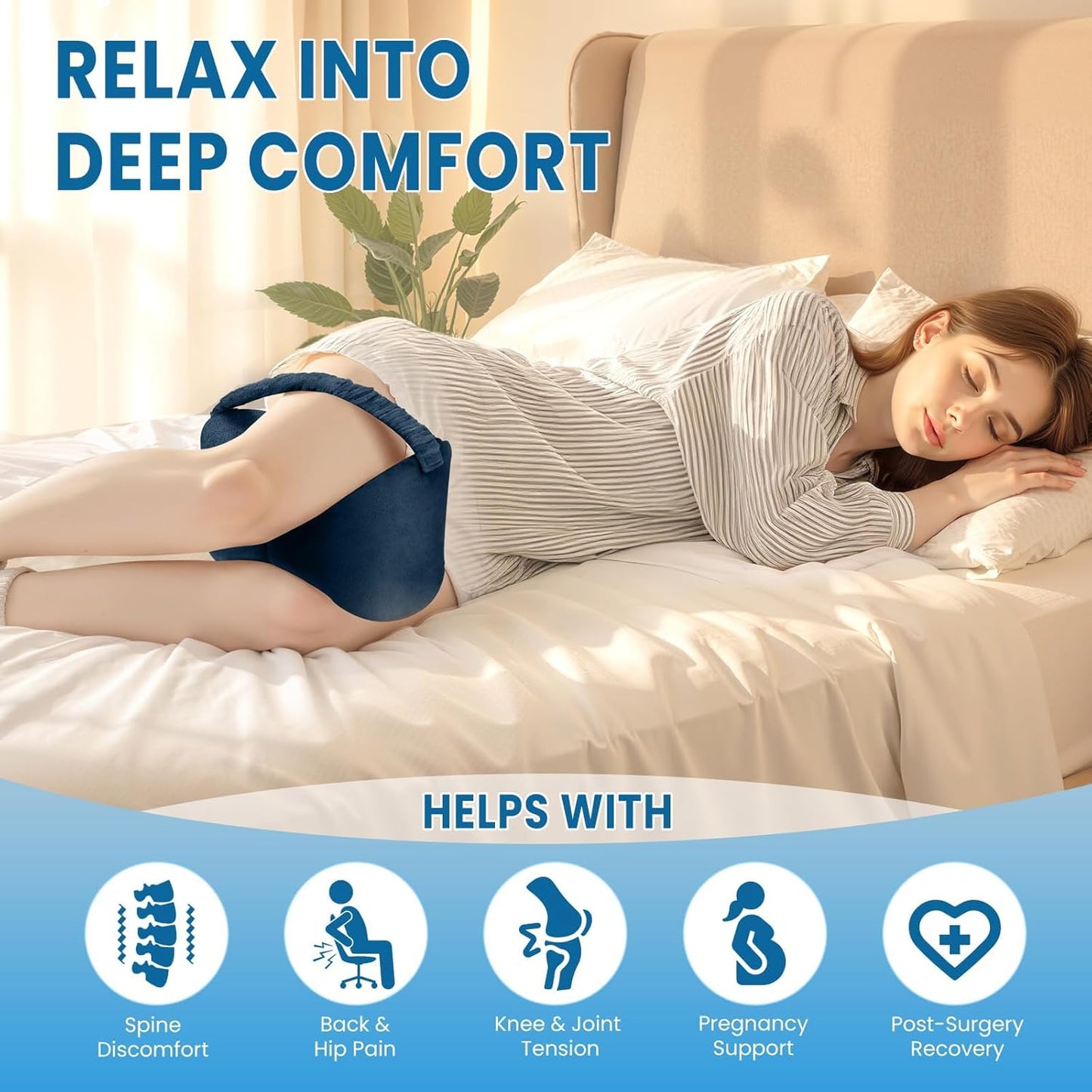 Knee Pillow for Side Sleepers with Strap, Supportive Memory Foam Leg Pillow for Side Sleeping & Spine Support, Ergonomic Curved Design for Hips and Back, Light Grey
