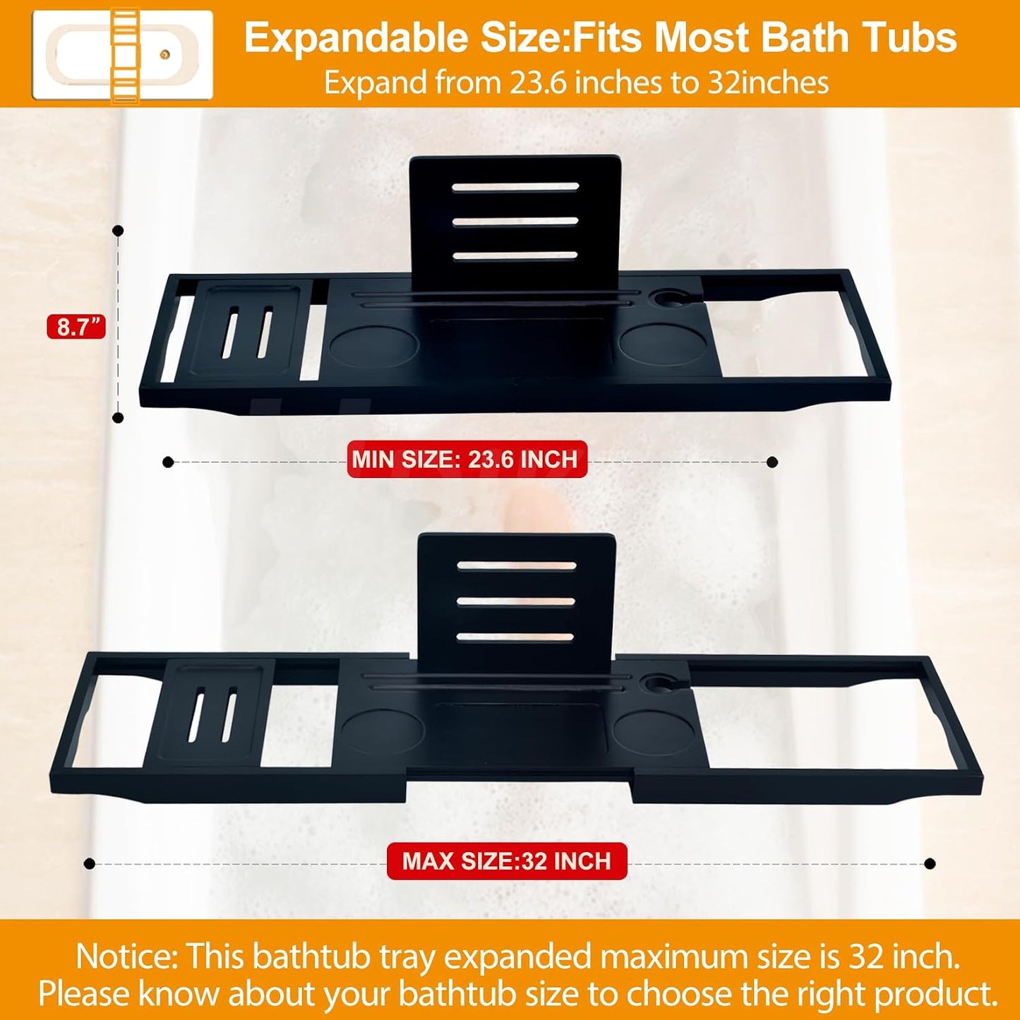 Premium Bamboo Bathtub Tray Caddy - Bath Tub Tray Table for Bathtub - Bath Caddy Tray for Bathtub, Expandable Size, Fits Most Bath Tubs