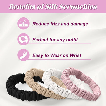 4Pcs Mulberry Silk Scrunchies Set, Silk Hair Ties Elastic for Women, Skinny Scrunchies Reduces Breakage for All Hair Types