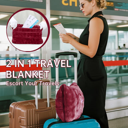 Travel Blanket and Pillow-2-in-1, Ultra-Soft&Compact, Airplane Blanket with Hand Luggage Belt and Backpack Clip,Travelers Accessories Gifts, 61x43 Inches(Pink