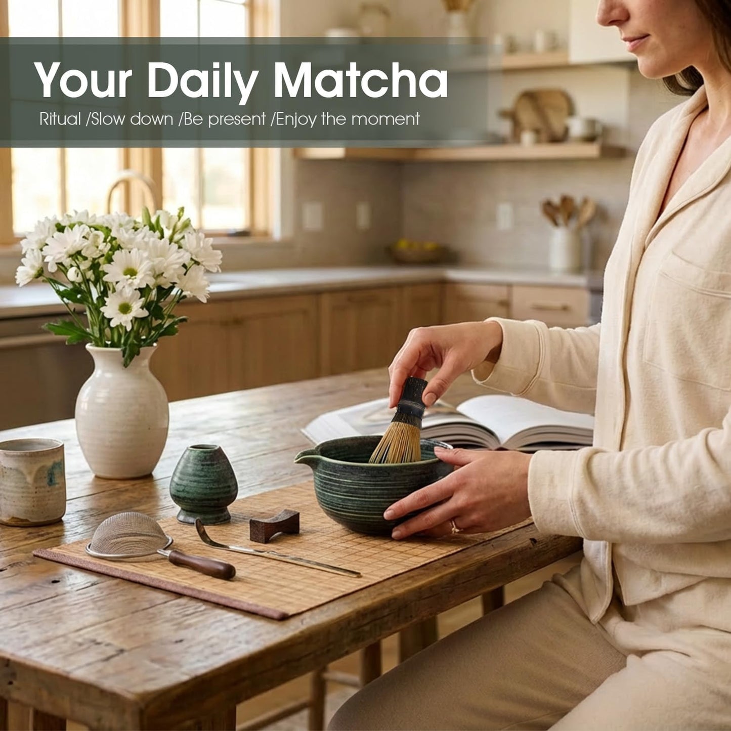 Matcha Whisk Set 7-Piece with Handmade Matcha Bowl & 100-Prong Purple Bamboo Whisk (Chasen), Complete Matcha Kit with Holder, Scoop & Rest, Bamboo Tea Mat, Gift-Ready Matcha Set