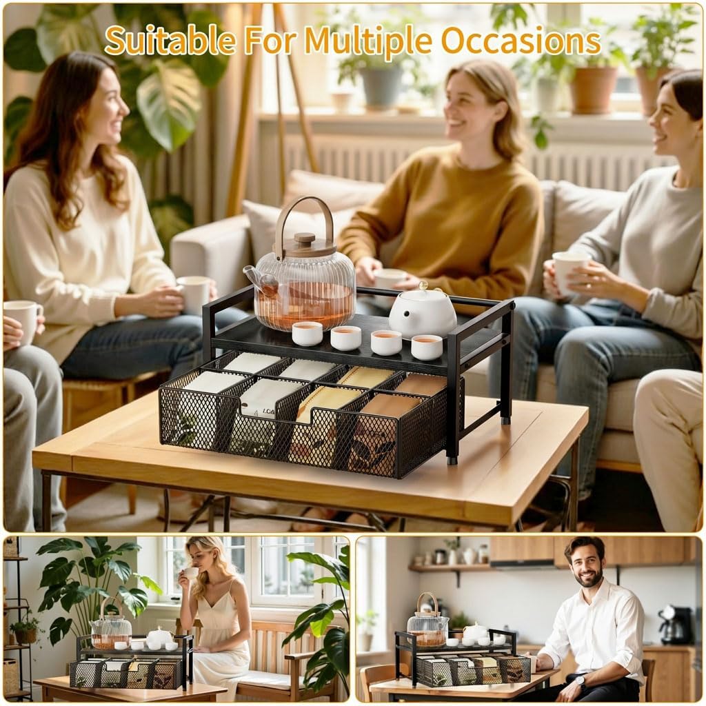 Tea Bag Organizer, Tea Bag Holder with Drawer, Wood and Metal Tea Organizers and Storage Chest for Countertop Kitchen, Office, Rustic Brown