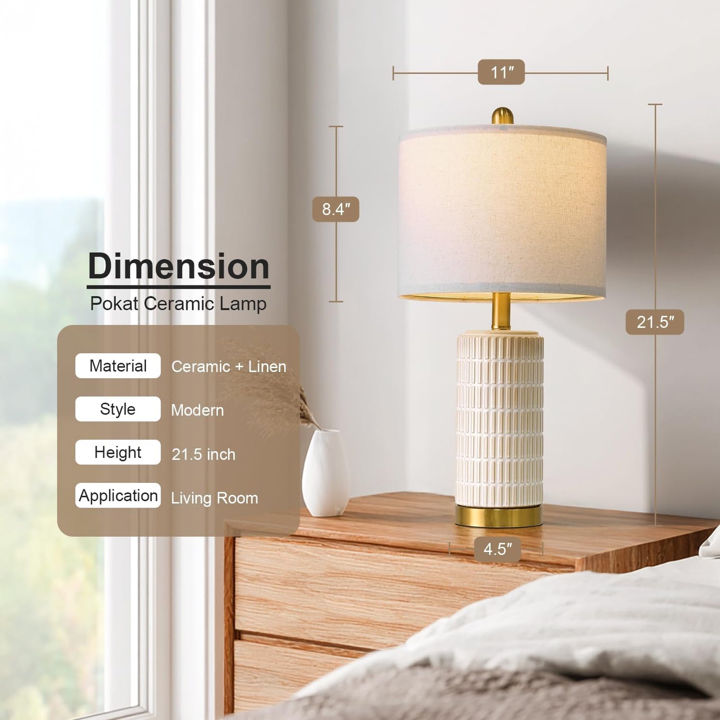 PoKat 20.75" Small Modern Ceramic Table Lamps Set of 2 for Bedroom, White Bedside Lamps for Night Stands, Farmhouse Desk Home Decor Gift Nightstand Table Lamps for Living Room End Table Beige