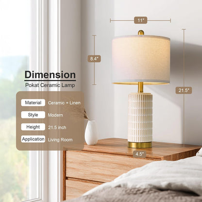 PoKat 20.75" Small Modern Ceramic Table Lamps Set of 2 for Bedroom, White Bedside Lamps for Night Stands, Farmhouse Desk Home Decor Gift Nightstand Table Lamps for Living Room End Table Beige
