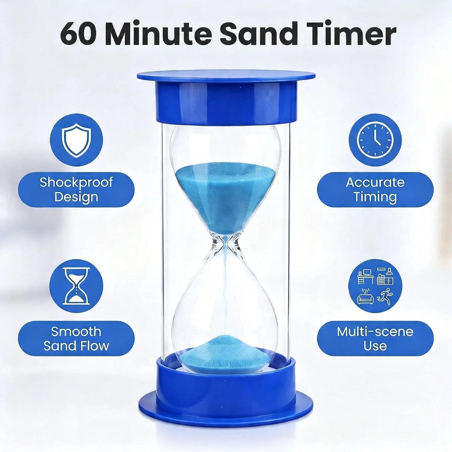 60 Minutes Hourglass Sand Timer, Dual Protection Hour Glass with Sand, Sand Timer for Kids Safety, Sand Clock Watch, Creative Gift, Living Room Office Decorative (Blue)
