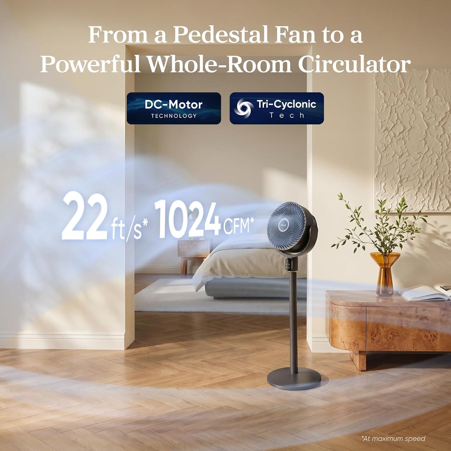 LEVOIT Standing Fan for Bedroom, 20dB Quiet Pedestal Fan for Sleep, 1024 CFM Ultra-High Airflow, 90° Oscillating Floor Fan, DC Motor, 5 Speeds, 12H Timer, Remote, for Home, Room, Office, White