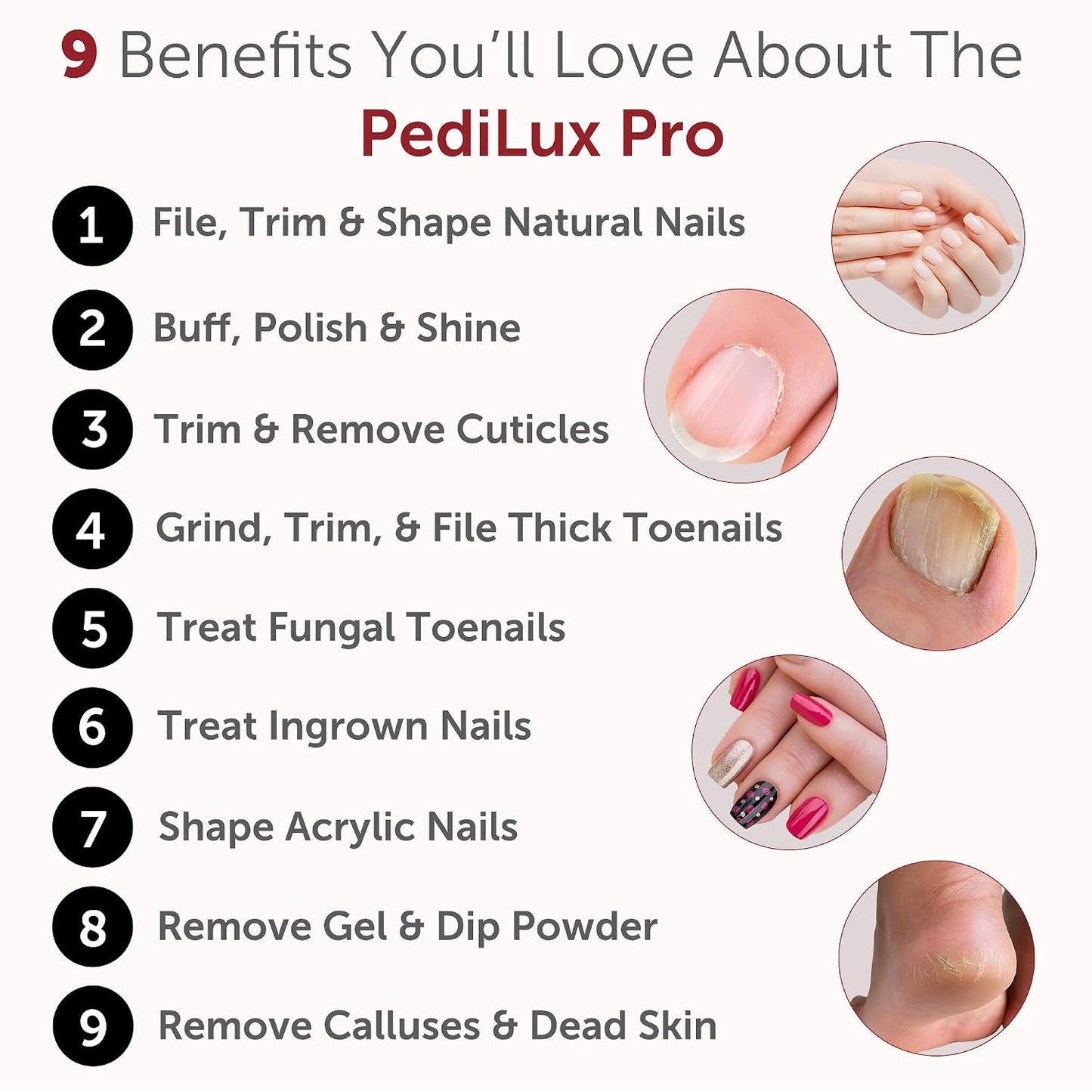 PediLux Pro Professional Manicure Pedicure Kit, Cordless Electric Nail File Drill Set, Thick Toenail Grinder, Toe Nail Dremel Tools, Filer, Buffer, Sander, Remove Cuticles, Callus for Men & Women