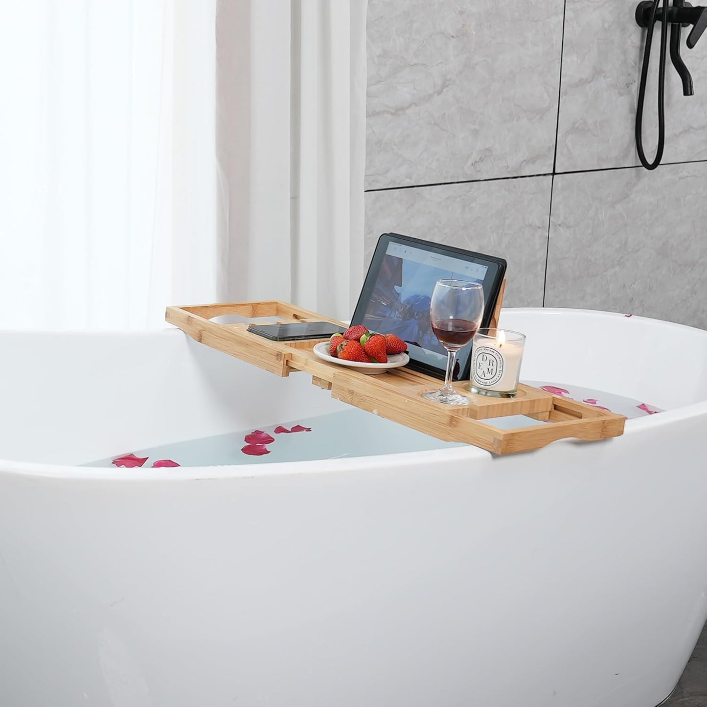 Utoplike Bamboo Bathtub Caddy Tray for Tub, Expandable Bath Table Trays