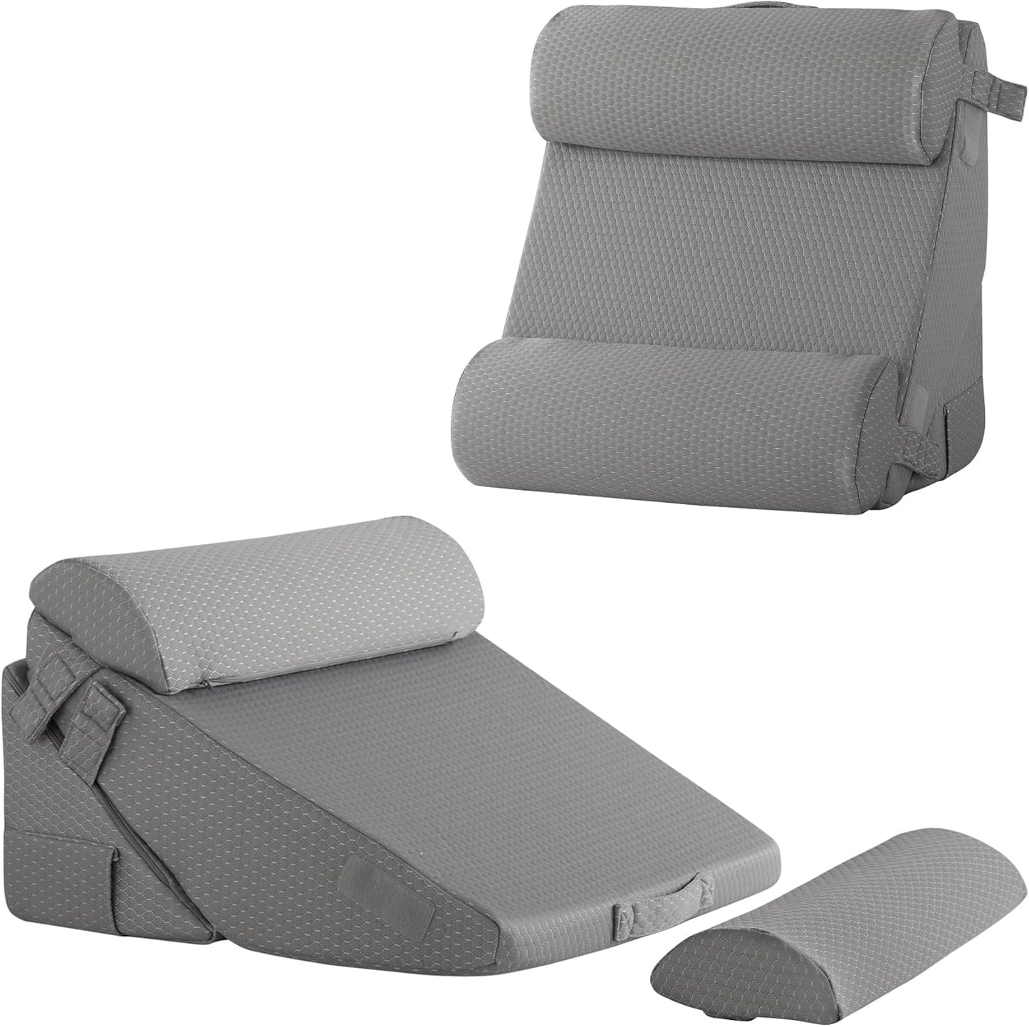 Bedluxe Wedge Pillow Headboard, 3PCS Orthopedic Bed Wedge Pillows Set for After Surgery, Adjustable Pillow Wedge for Acid Reflux&Back Pain Relief, Sleeping, Back Pillow for Bed Sitting Up, White/Grey