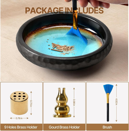 6 Inch Incense Holder with Ash Catcher,Handmade Crack Blue Glaze Ceramic Incense Burner Bowl with 9-Hole Design for Sticks,Cones,Coils Sage,Palo Santo - Perfect for Meditation,Yoga & Zen Home Décor