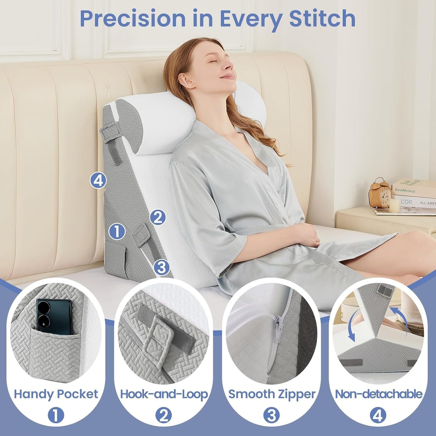 Sasttie Wedge Pillow Set for After Surgery, 2PCS Adjustable Bed Wedge Pillow Headboard with Memory Foam Neck Cushion – for Acid Reflux, Sleeping, Neck & Back Support, Dark Grey & White