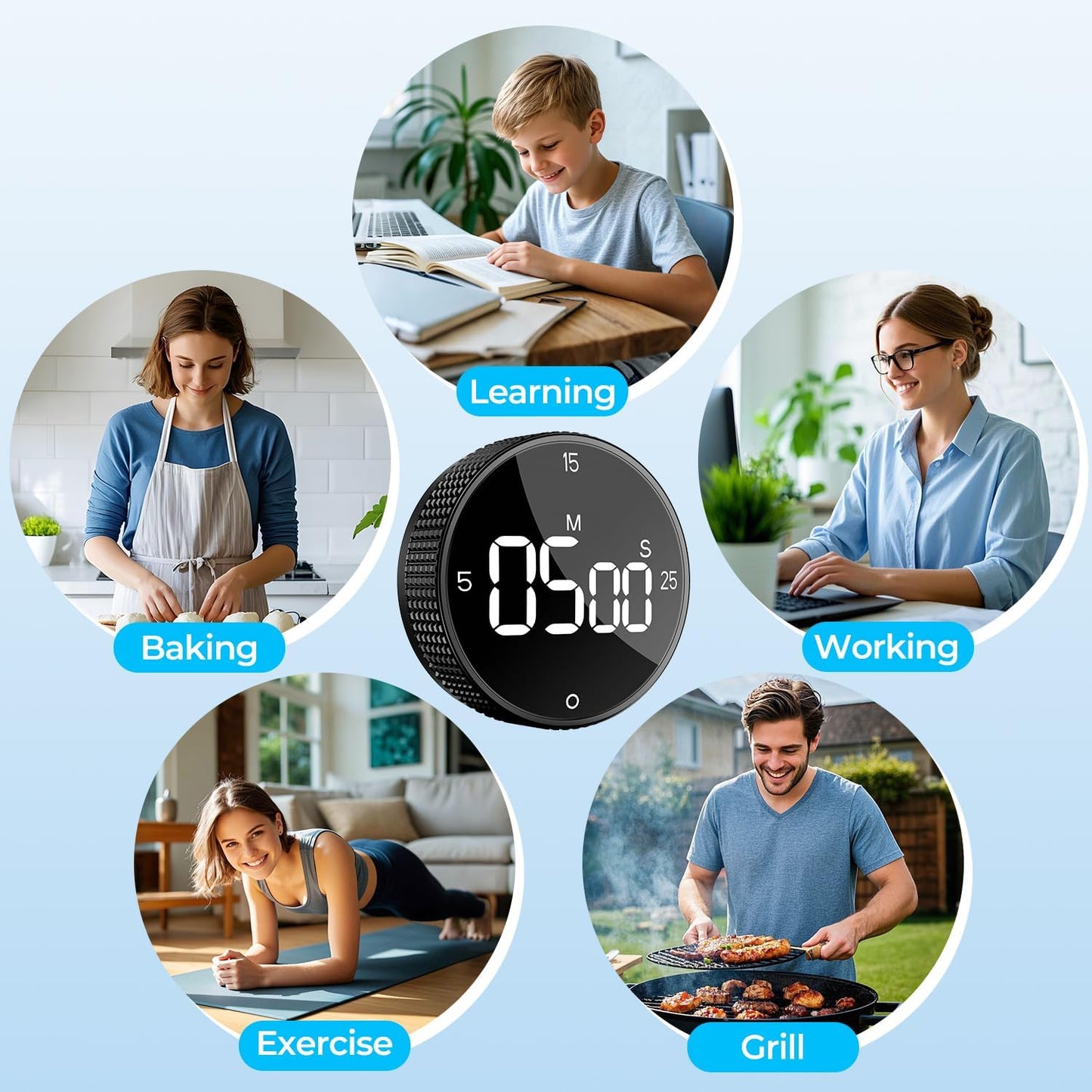 Digital Magnetic Kitchen Timer for Cooking, Large LED Countdown Timer, Rotating Pomodoro Timer, Volume Adjustable, 5/15/25 Min Presets for Kitchen, Baking Grilling Studying