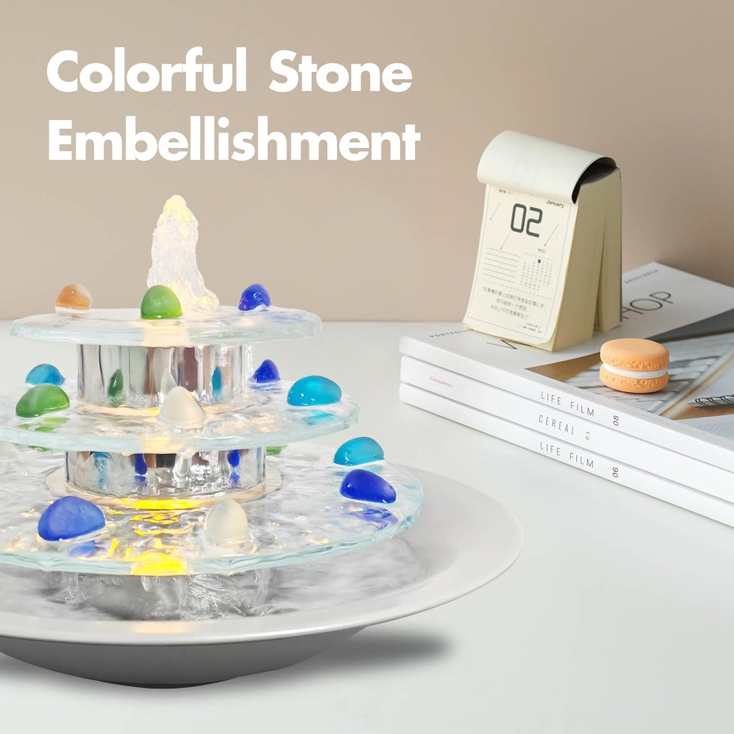 Pamopamo Indoor Tabletop Waterfall Moon Fountain, Home Décor Soothing Rain Sound Meditation Relaxing Fountains, Nature Slate Water Feature with Light for Room Office Desktop Decoration-13 Tall