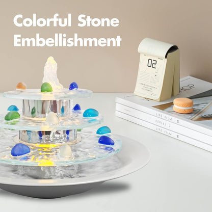 Pamopamo Indoor Tabletop Fountain 3-Tier Waterfall, Zen Meditation Fountain with LED Light, Small Desk Water Feature Soothing Sound Relaxing for Office Home Décor