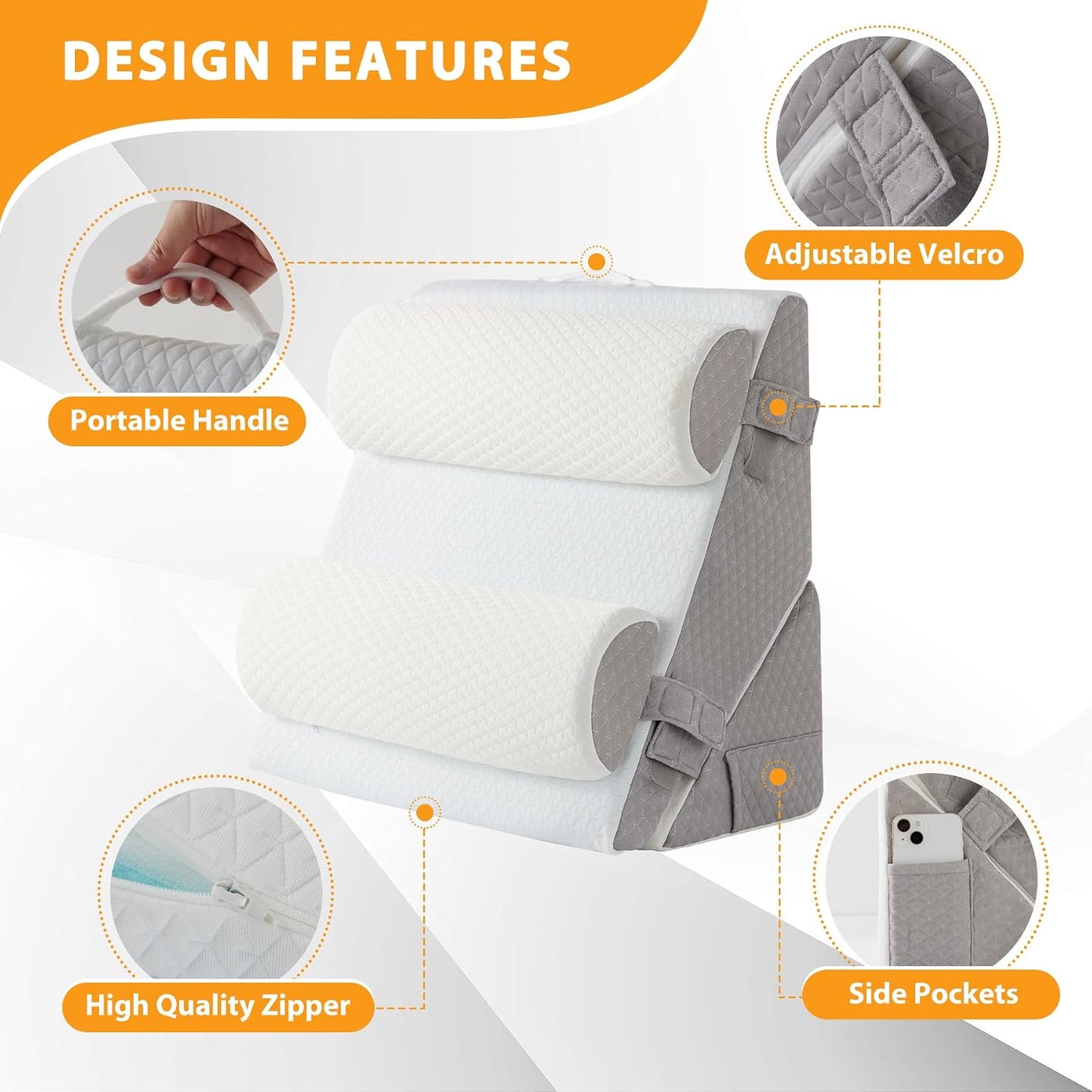 Ruqmuis Wedge Pillow Set for After Surgery, 3PCS Adjustable 9&12 Inch Bed Wedge Pillow for Sleeping, Incline Pillow Wedge for Headboard, Post Surgery, Acid Reflux, Neck&Back Support, White/Grey