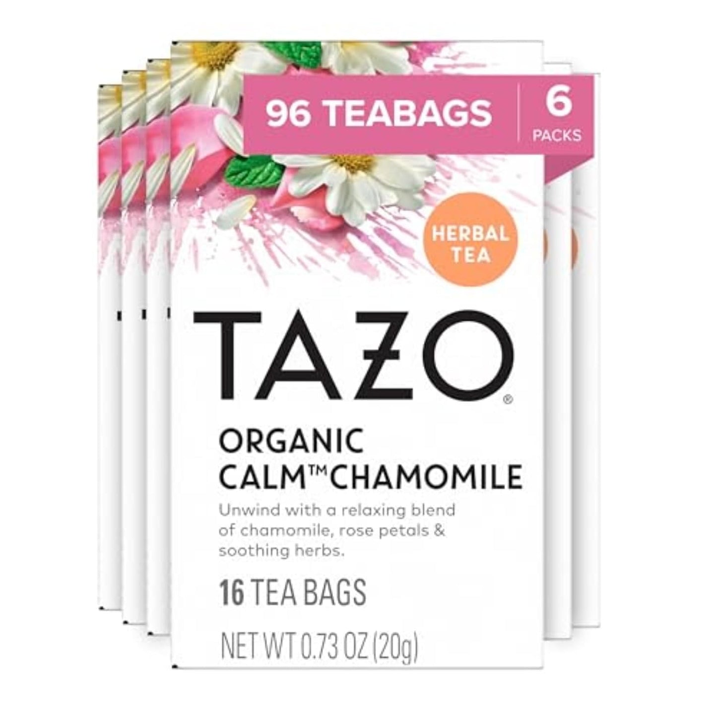 TAZO Calm Chamomile Herbal Tea 6-Pack with Hibiscus Flowers, Spearmint, Rose Petals, Lemongrass and Peppermint - 96 Caffeine Free Tea Bags for Relaxing Bedtime Soothing