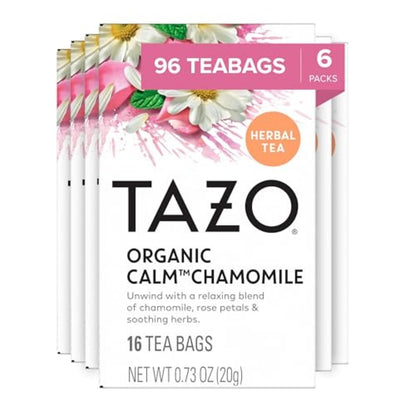 TAZO Calm Chamomile Herbal Tea 6-Pack with Hibiscus Flowers, Spearmint, Rose Petals, Lemongrass and Peppermint - 96 Caffeine Free Tea Bags for Relaxing Bedtime Soothing