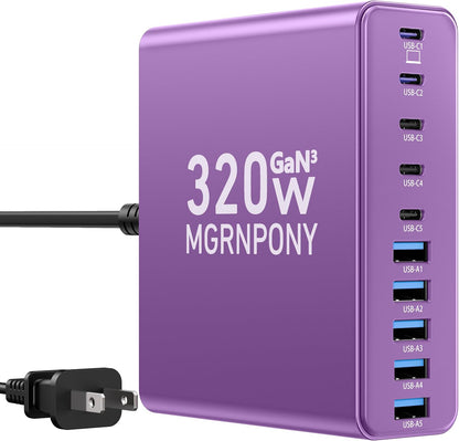 320W USB C Charger Block, MGRNPONY 10-Port GaN USB C Charging Station Black