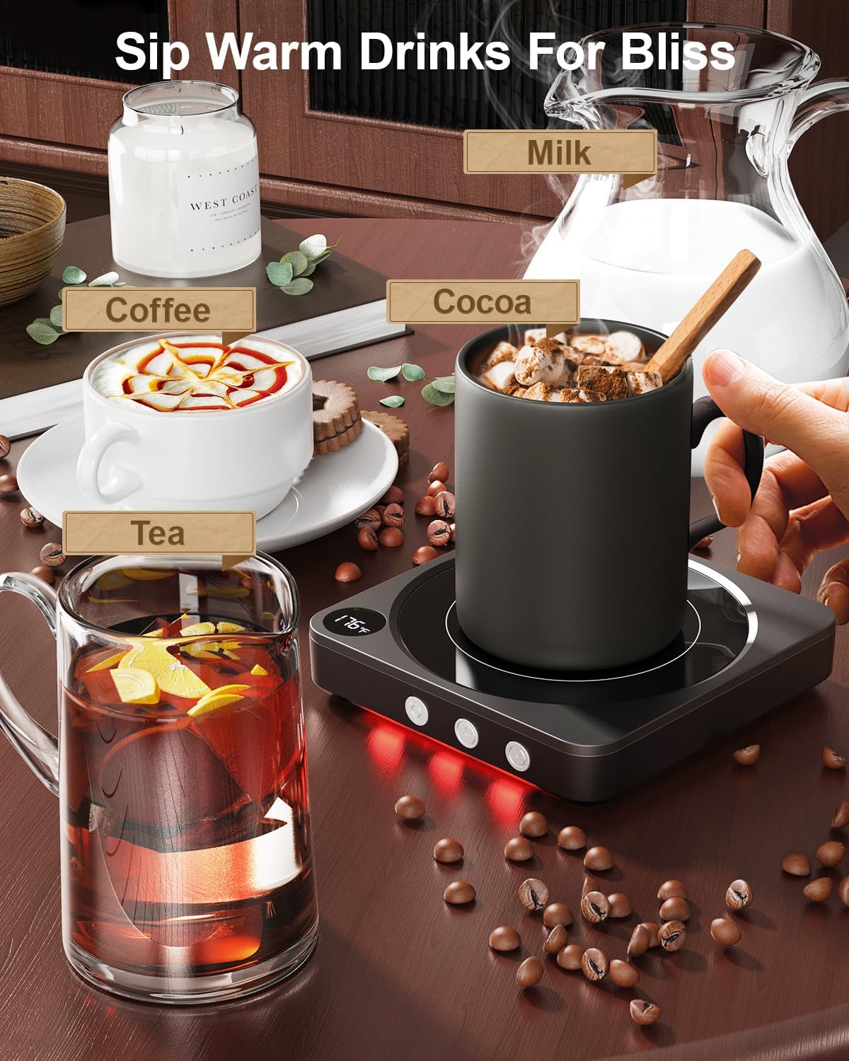 House Gem Coffee Mug Warmer for Desk, Candle Warmer Plate, 12H Timer, Wood