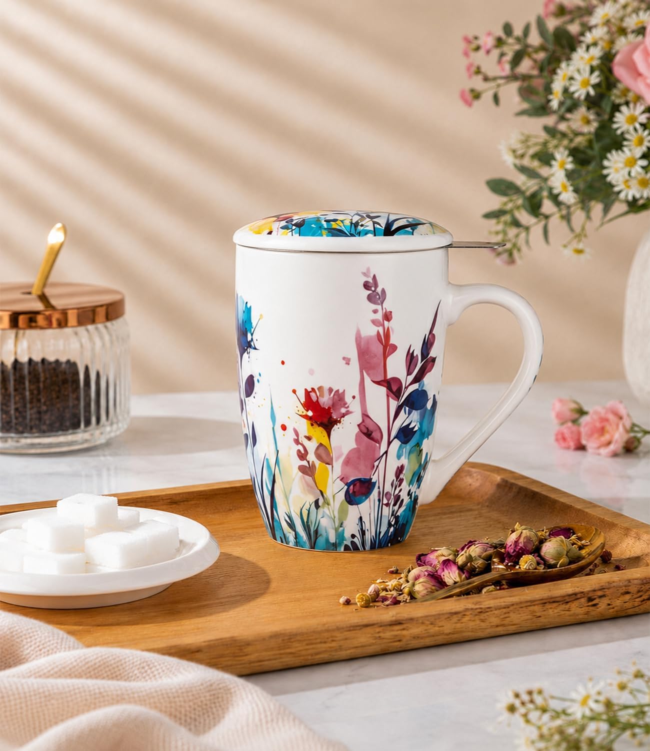 AmorArc 18oz Porcelain Tea Mug with Infuser & Lid, Loose Leaf Tea Cup with Stainless Steel Strainer, Large Coffee Mug Gift for Women, Tea Lovers, Home & Office