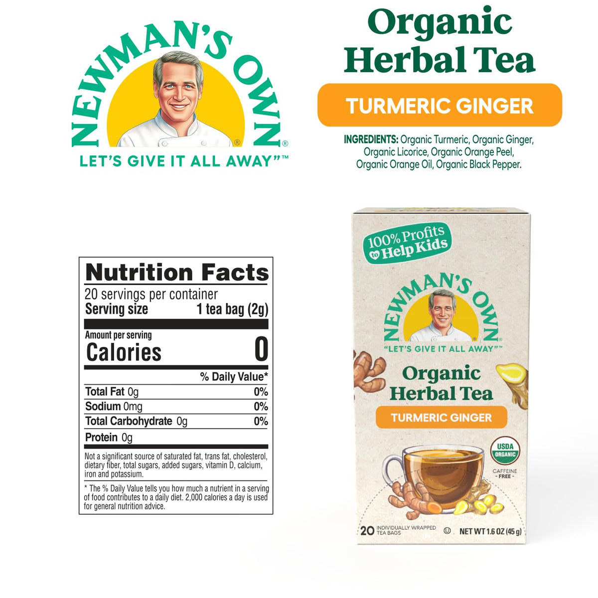 Newman’s Own Organic Turmeric Ginger Herbal Tea Caffeine-Free May Aid Digestion and Boost Immunity Turmeric Tea with 20 Individually Wrapped Tea Bags Per Box USDA Certified