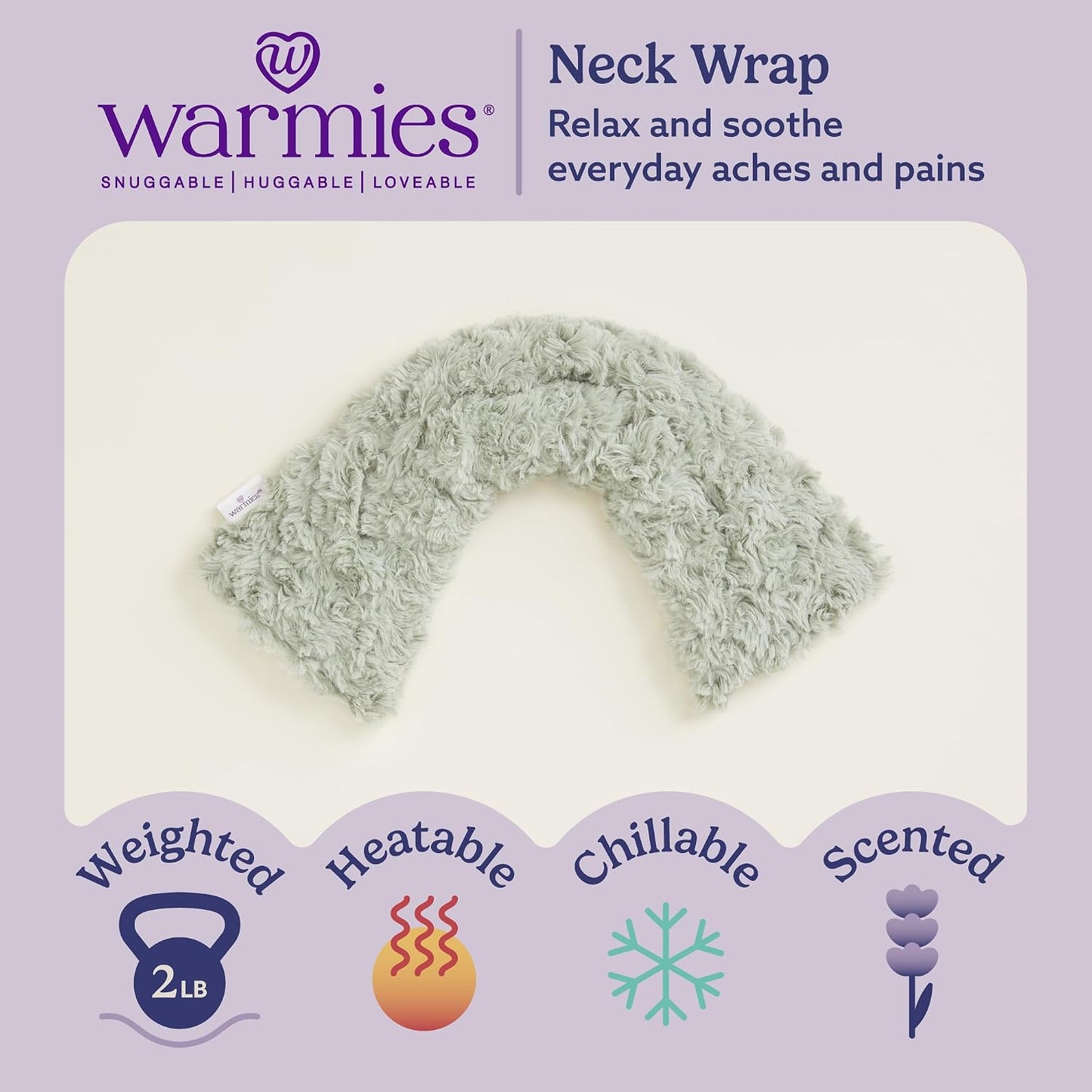 warmies Microwavable Neck & Shoulder Wrap - Weighted Neck Wrap - Microwavable Heat Pack for Shoulders - Chillable Heating Pad with Lavender for Aches & Pain - Marshmallow Gray, 19 x 5 x 3 in, 2 lb