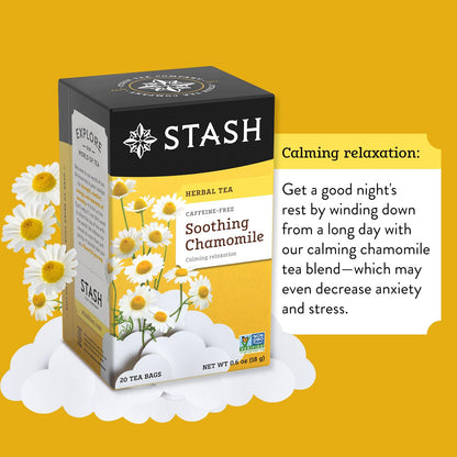 Stash Tea Chamomile Herbal Tea - Naturally Caffeine Free, Non-GMO Project Verified Premium Tea with No Artificial Ingredients, 20 Count (Pack of 6) - 120 Bags Total