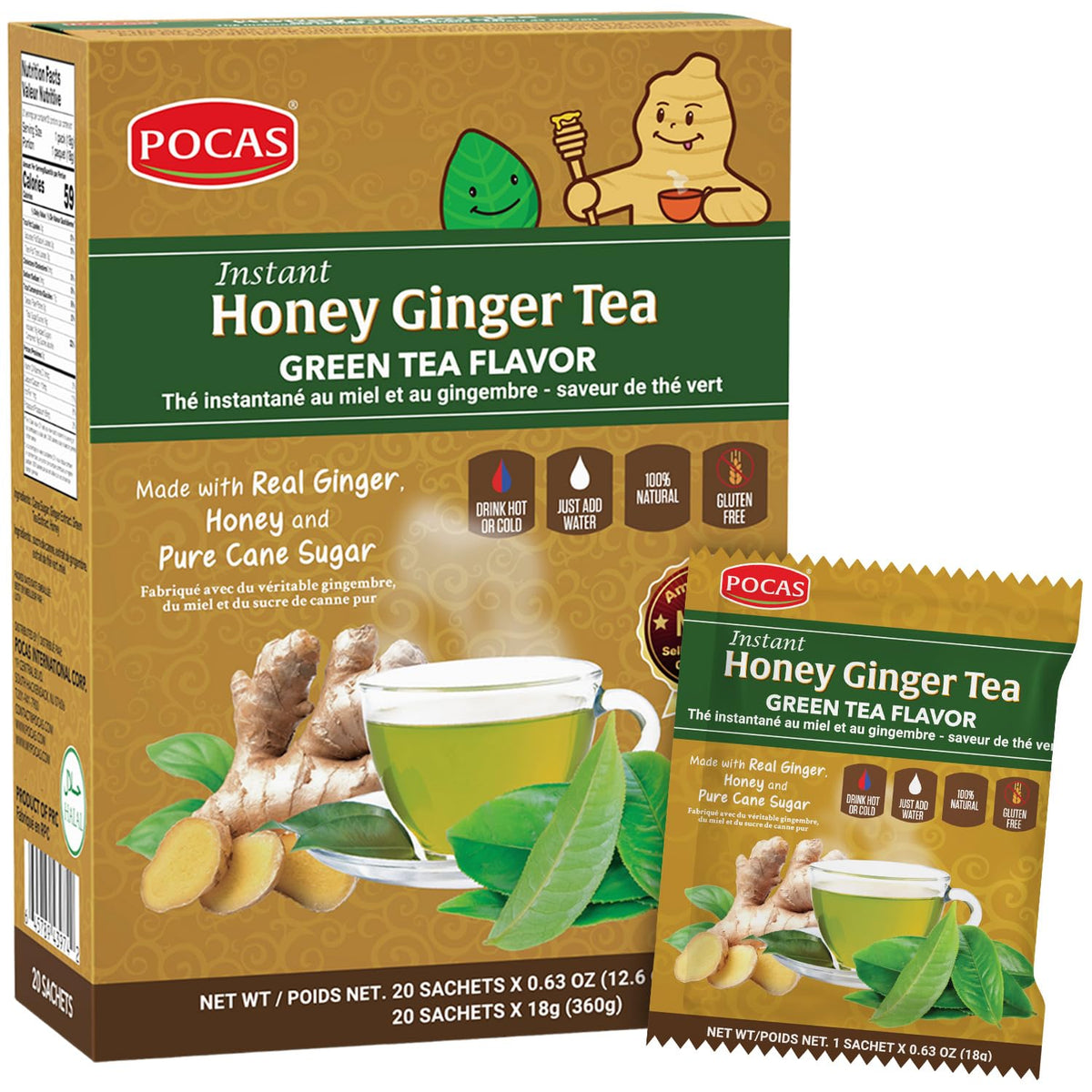 Pocas Honey Ginger Instant Tea Powder, Green Tea Flavor, Ginger Extract & Real Sweetener, 20 Packets per Box