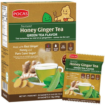 Pocas Honey Ginger Instant Tea Powder, Green Tea Flavor, Ginger Extract & Real Sweetener, 20 Packets per Box