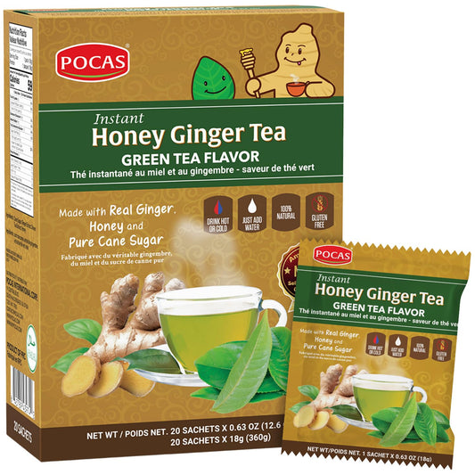 Pocas Honey Ginger Instant Tea Powder, Green Tea Flavor, Ginger Extract & Real Sweetener, 20 Packets per Box