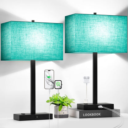 21" Touch Bedside lamps with 2 USB & AC Outlets, 3-Way Dimmable Bedside Table Lamps Set of 2 for Bedroom Living Room Office Reading, Gray Shade Lamps for Night Stands, 5000K LED Bulbs Included
